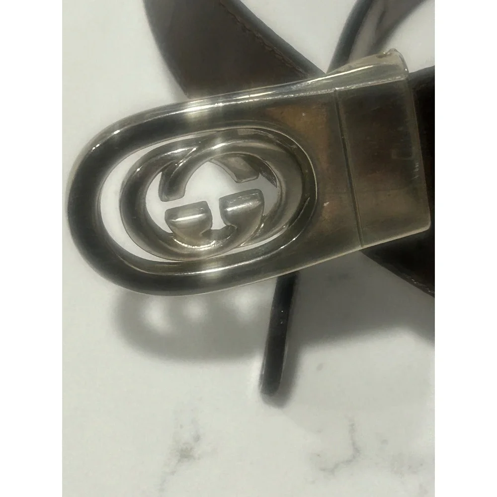 Vintage Gucci Parfums Brown Leather Belt Silver Interlocking GG Buckle 38/95